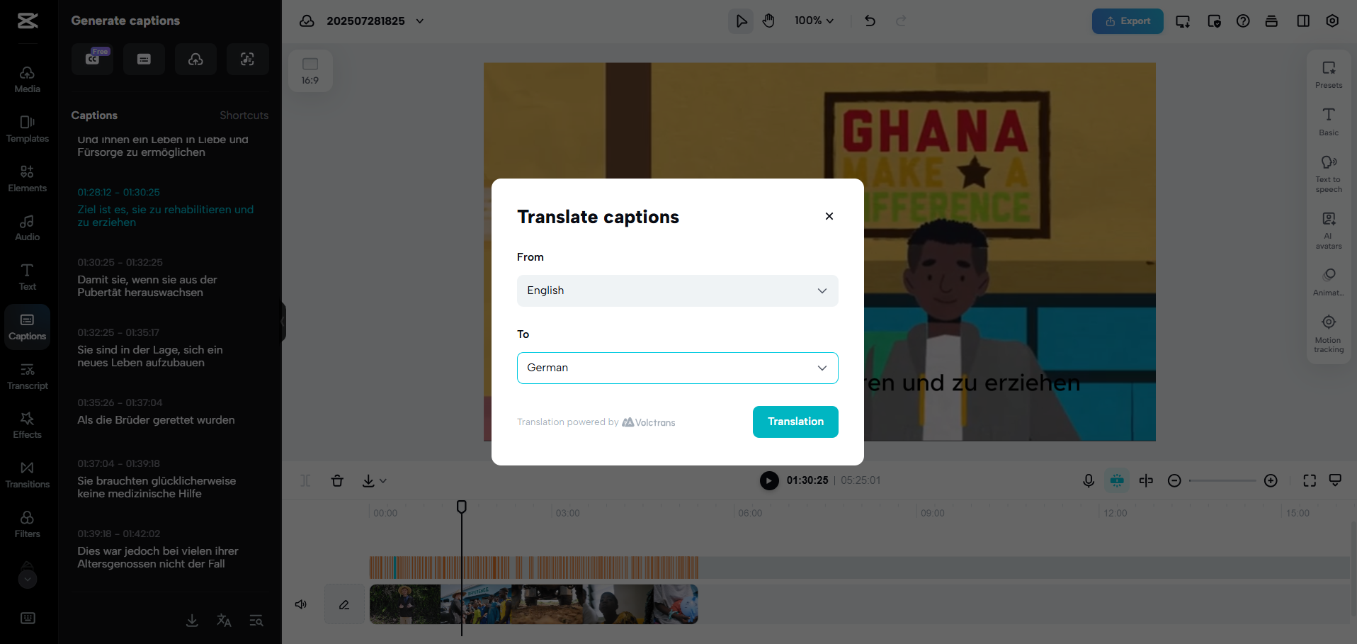 Interface of CapCut Web - an easy way to convert English to German with Google Translate