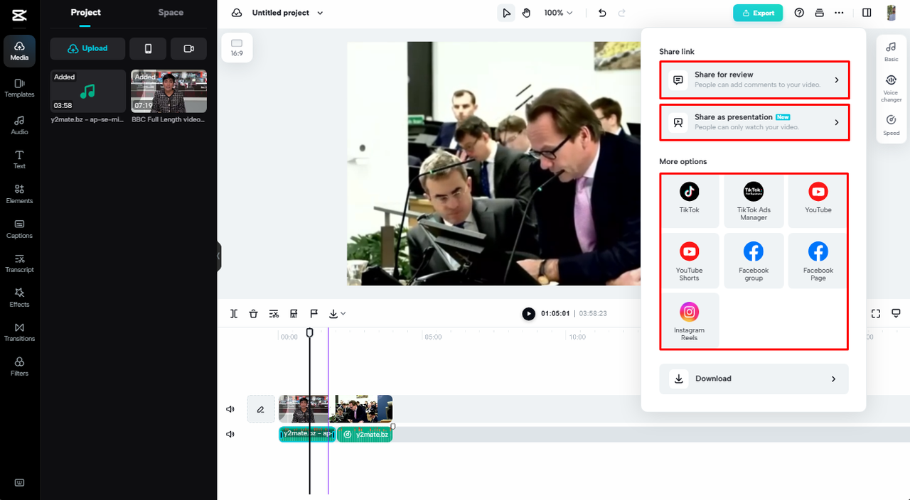 Export to social media after you add audio to video online without watermark
