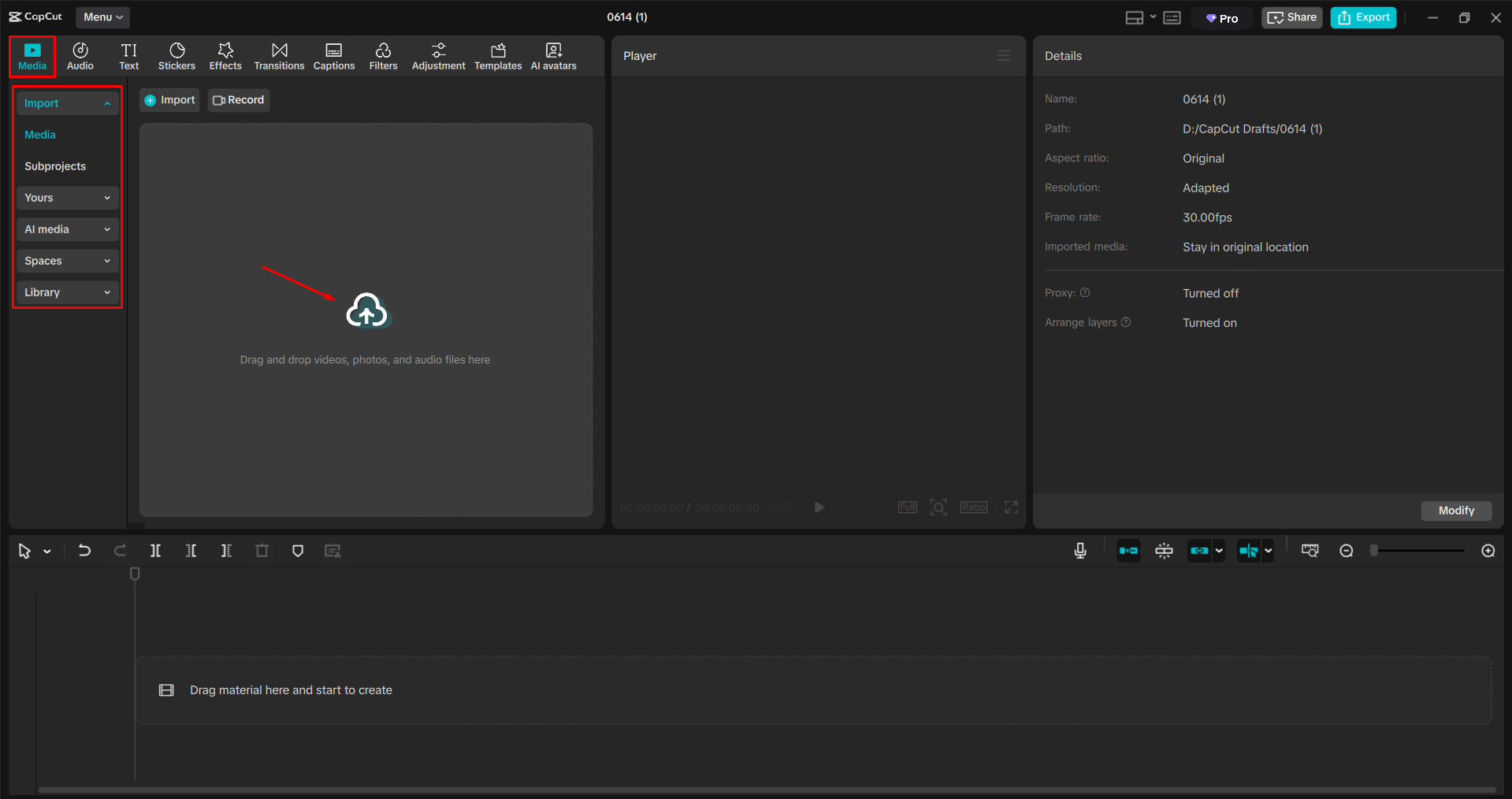 Importing a video into the CapCut desktop video edtior