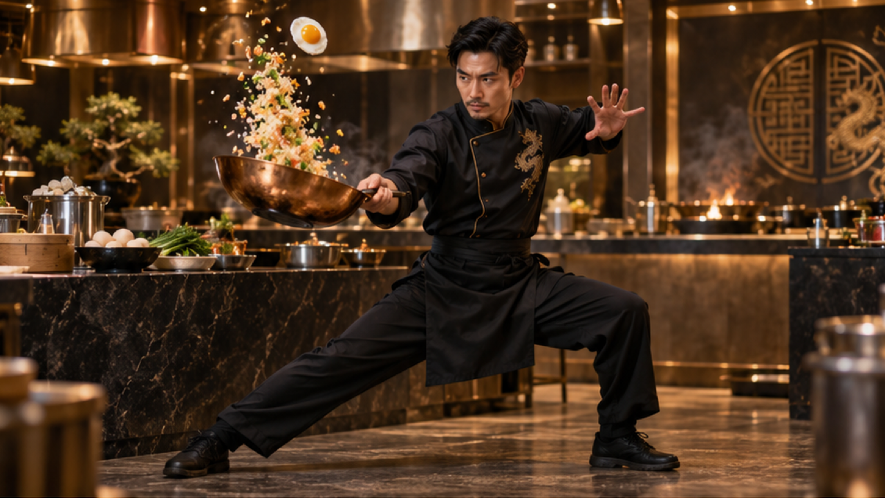 Premium photorealistic 16:9 cinematic STILL keyframe, original adult chef in fitted black jacket holding copper wok in a wide theatrical stance in upscale amber kitchen, golden fried rice suspended in graceful arc and one sunny-side-up fried egg above pan, delighted confident expression, entire head both hands and wok fully visible, detailed food and copper reflections, theatrical cooking fantasy, no text logos or watermark.