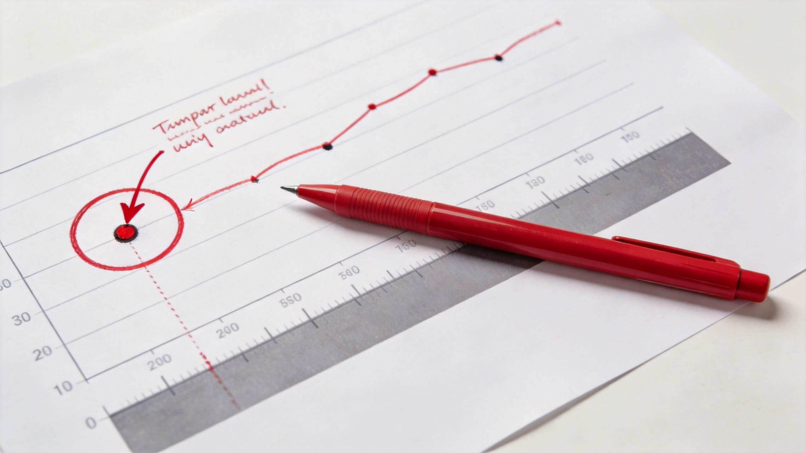 Red pen pointing to a circled data point on a line chart