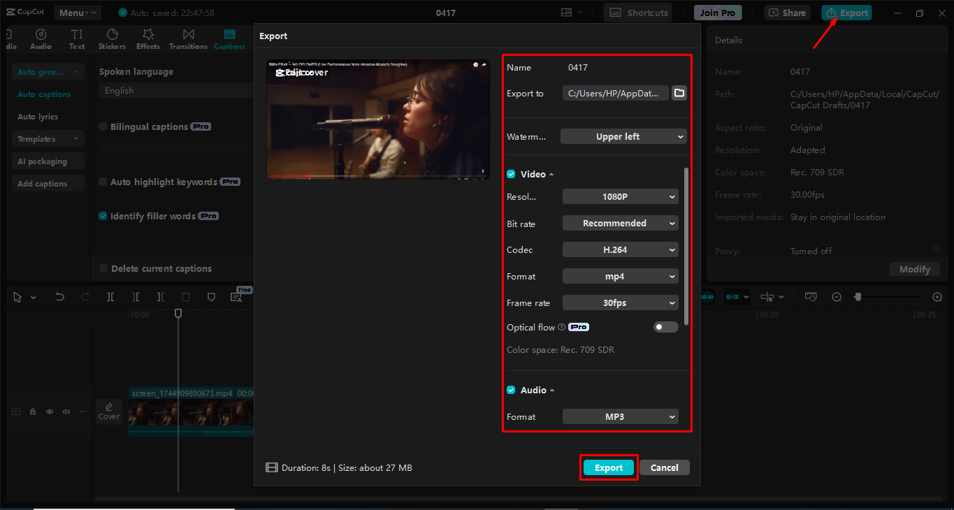 Mengeksport rakaman daripada editor video desktop CapCut