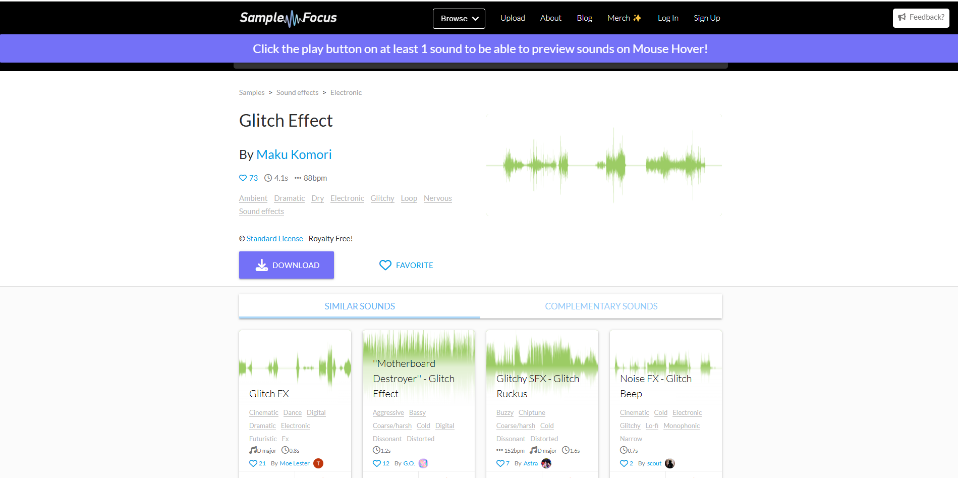 Interface of Sample Focus - the most liked site to download glitch sound effect