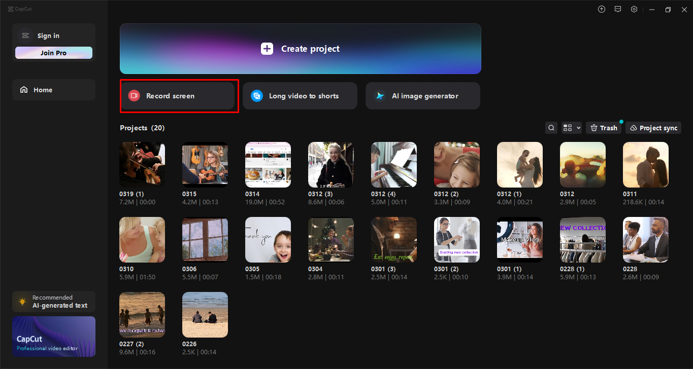 Launching the screen recorder in the CapCut desktop video editor