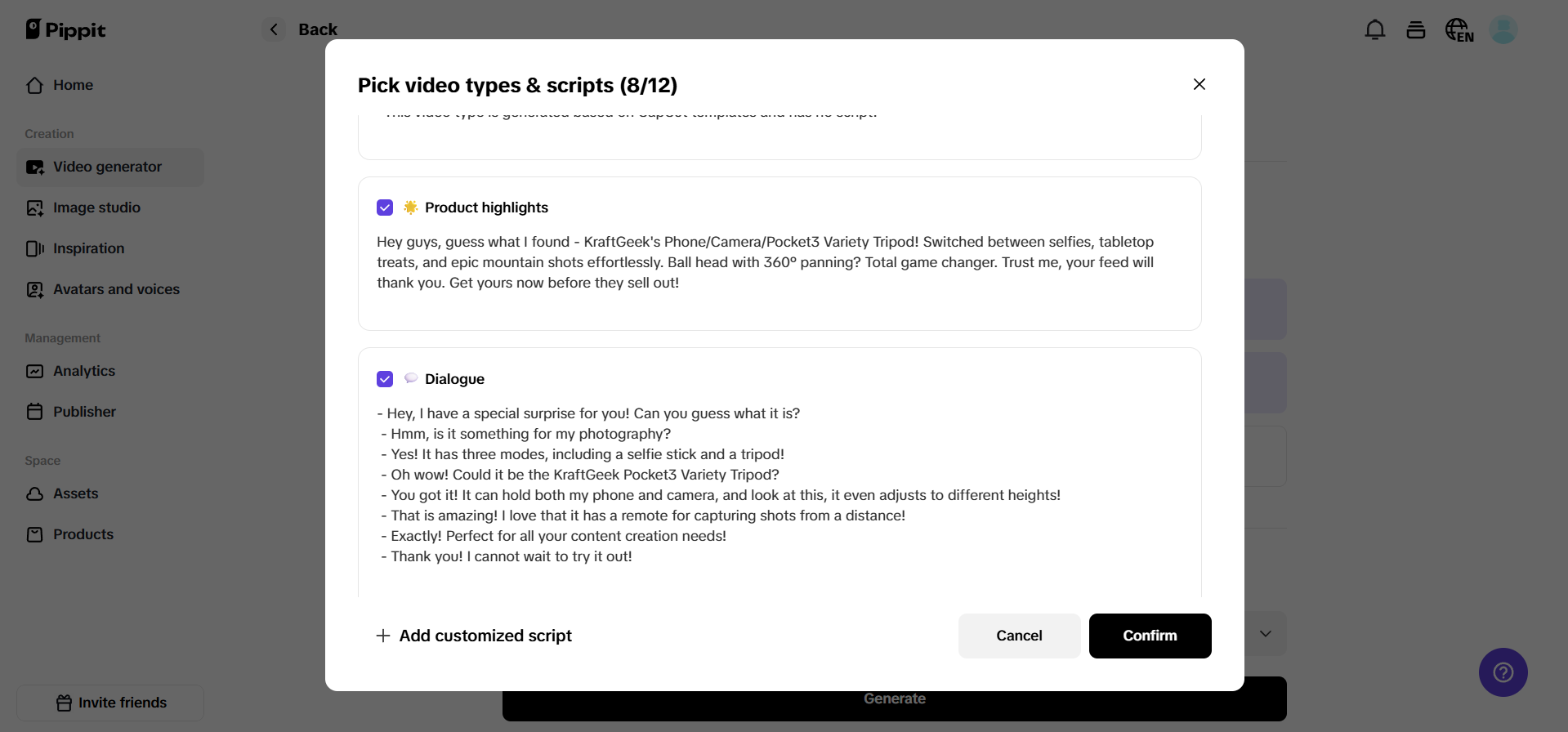 Pippit에서 AI로 생성된 영상 스크립트