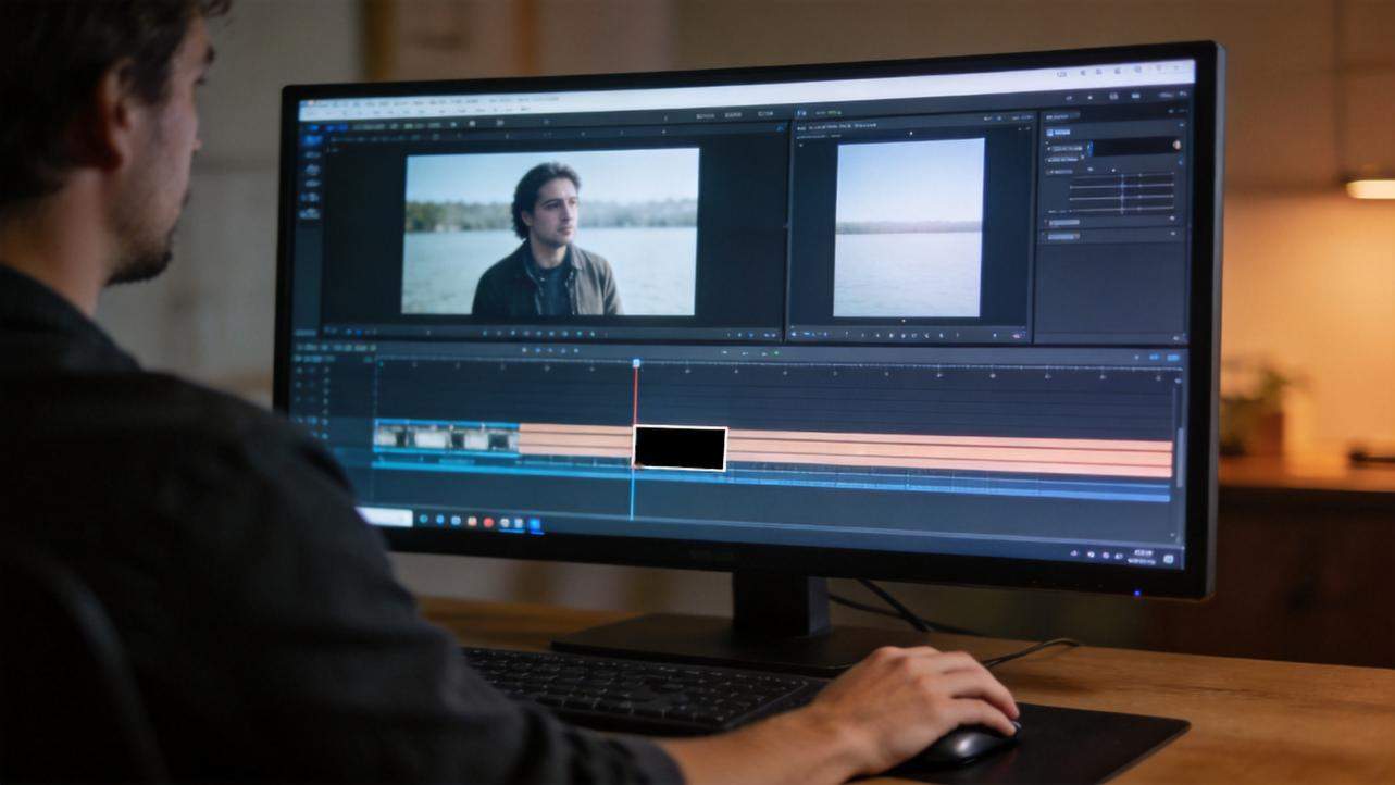 Person editing a video on a desktop monitor with a timeline and preview panels.