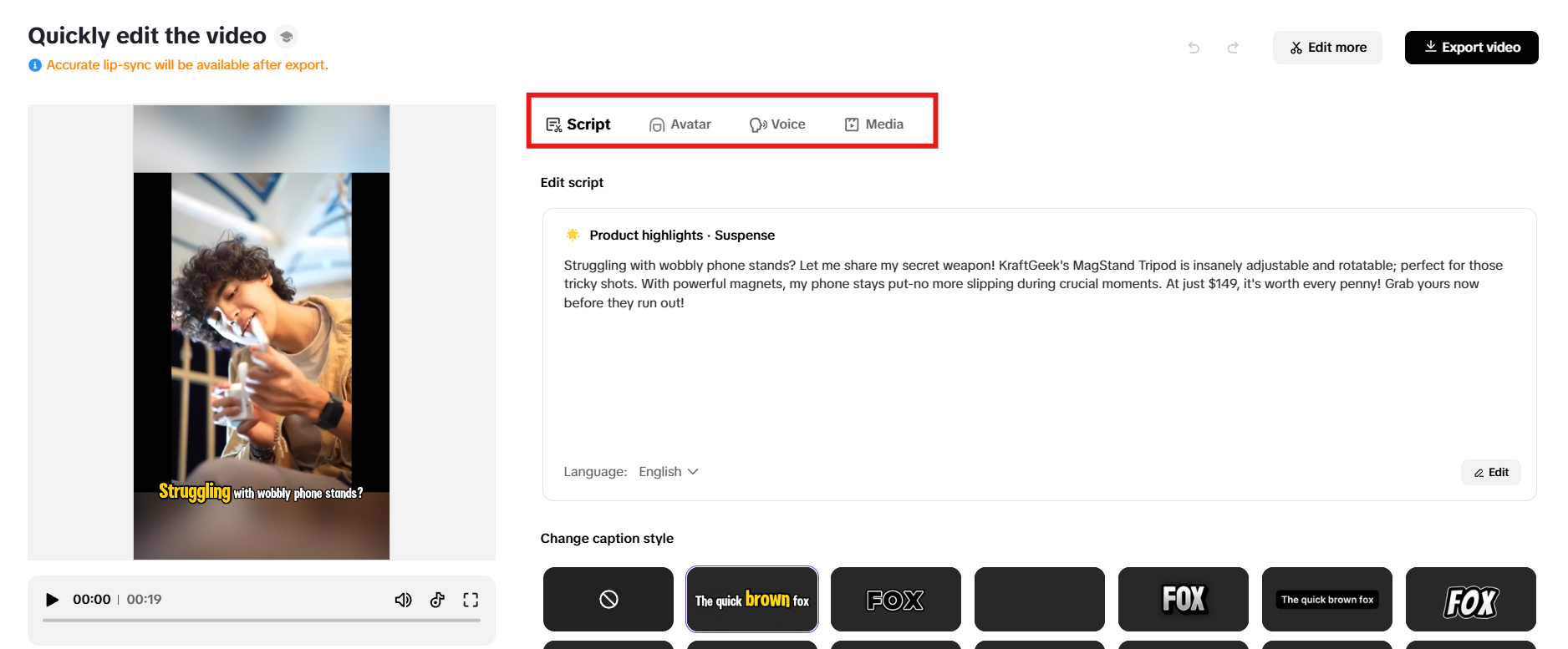 Modify script, avatar, voice, media and text