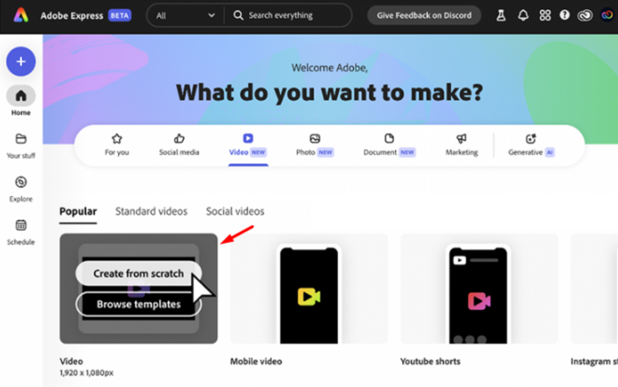 بدء مشروع جديد في محرر فيديو Adobe Express