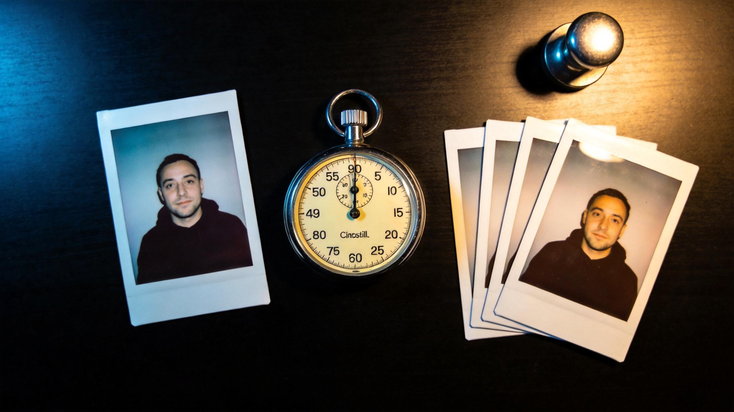 Polaroid photos and a stopwatch on a dark table, with a stack of portrait prints on the right