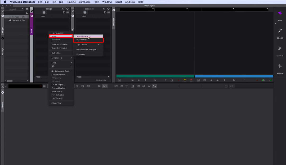 Importing media in the Avid video editor