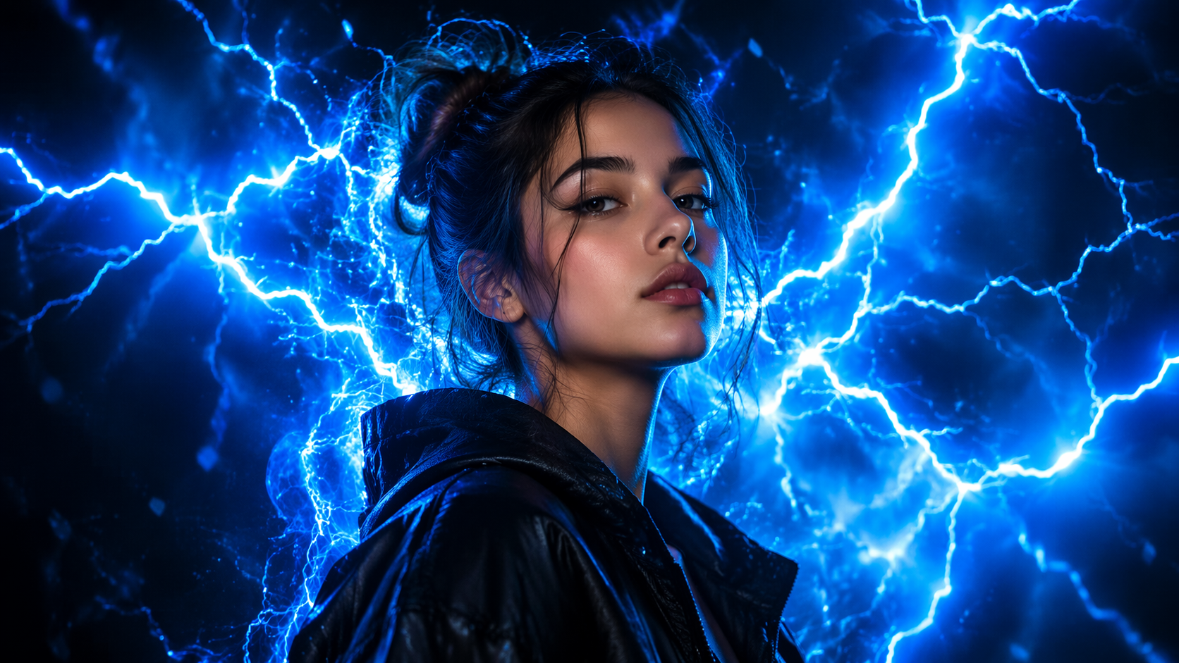 Dreamina add lightning to photo prompt example 3: Electric portrait background
