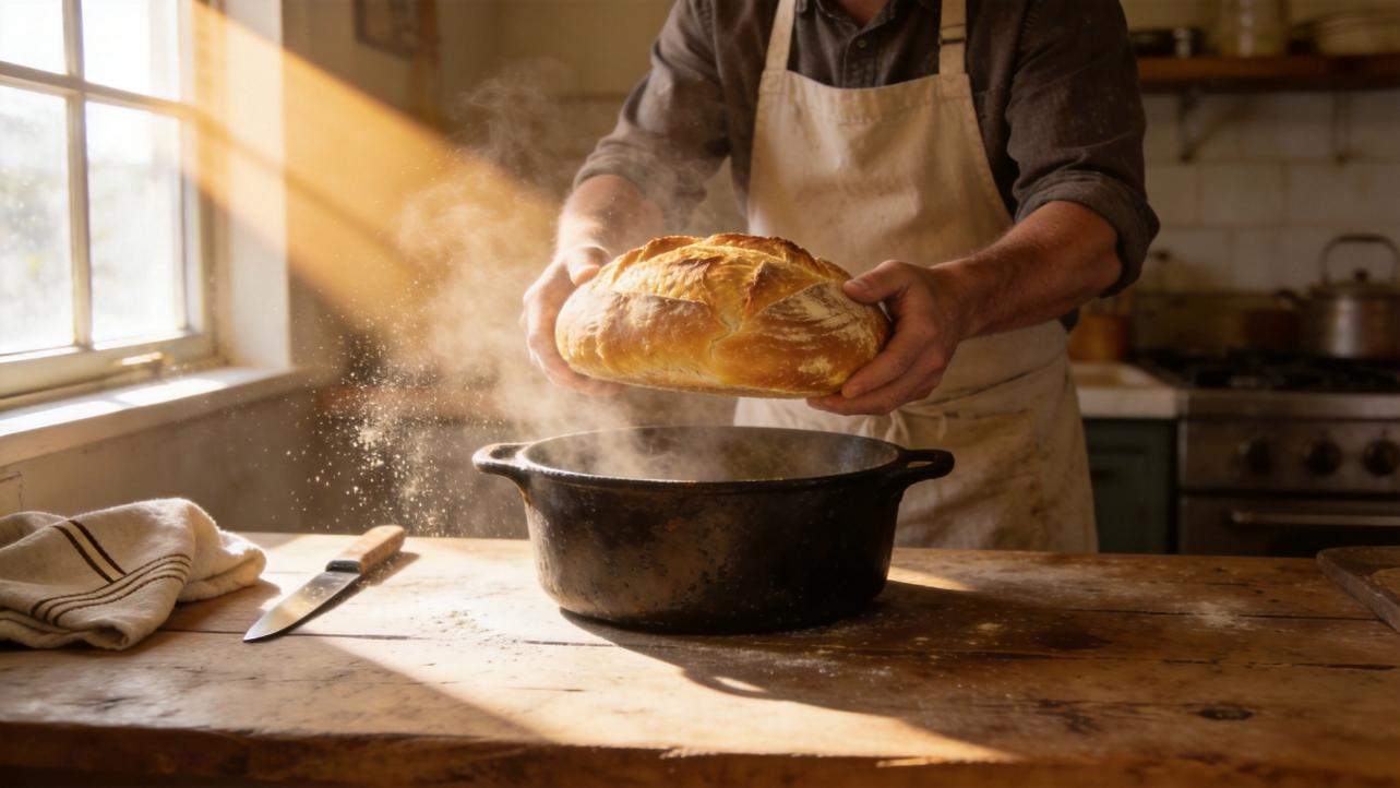 Baker holding freshly baked bread over a steaming cast-iron pot in a warm kitchen