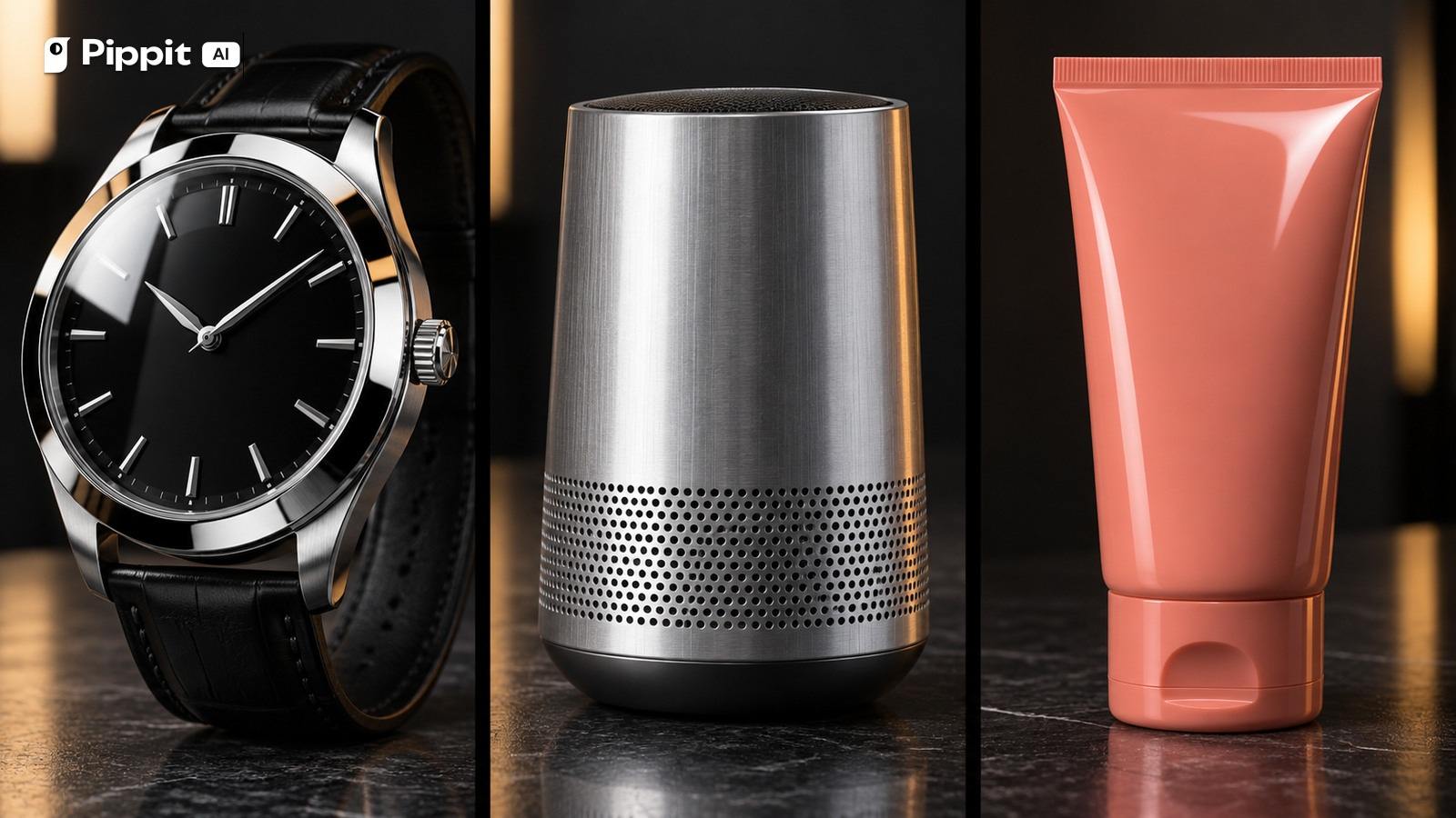 Three studio bays compare a chrome watch, brushed metal speaker, and coral glossy plastic tube.