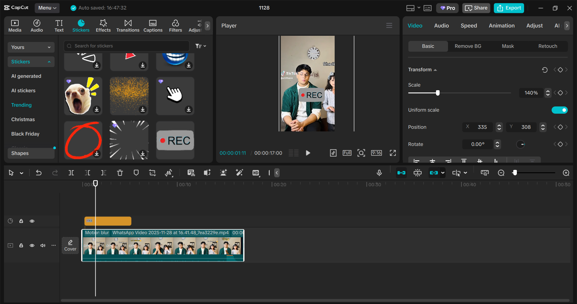 Adding sticker to TikTok video watermark in CapCut desktop video editor