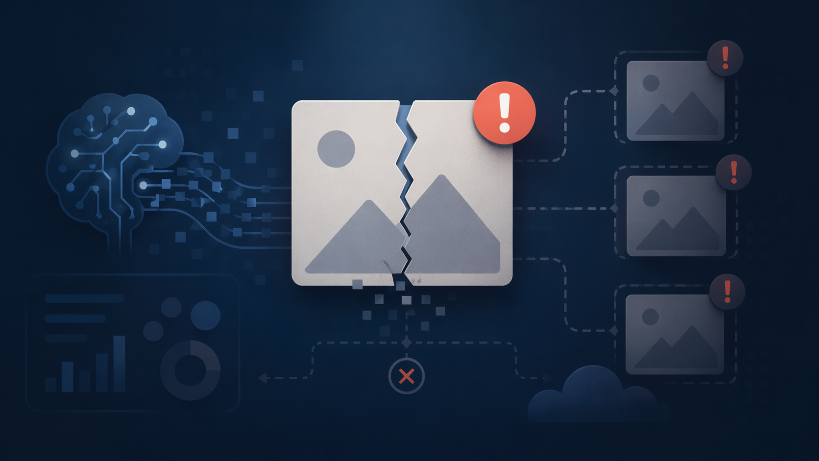 Abstraktes KI-Bild-Workflow-Fehlerkonzept ohne lesbaren Text