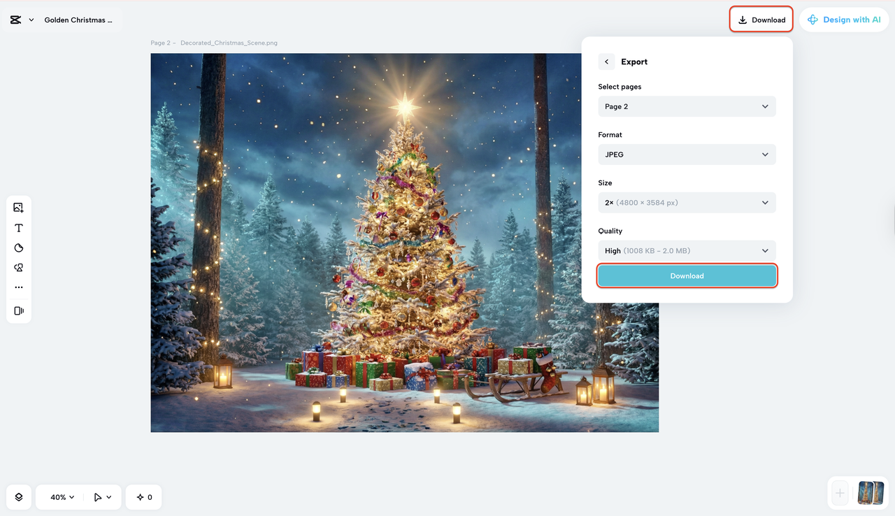 Exporting the final AI generated Christmas tree from CapCut