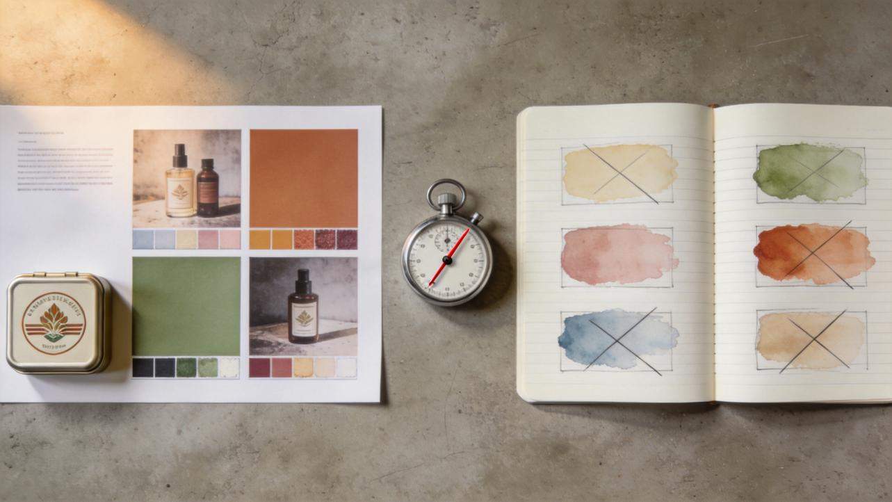 Brand mood board with product photos, color swatches, a stopwatch, and an open notebook with crossed-out sketches