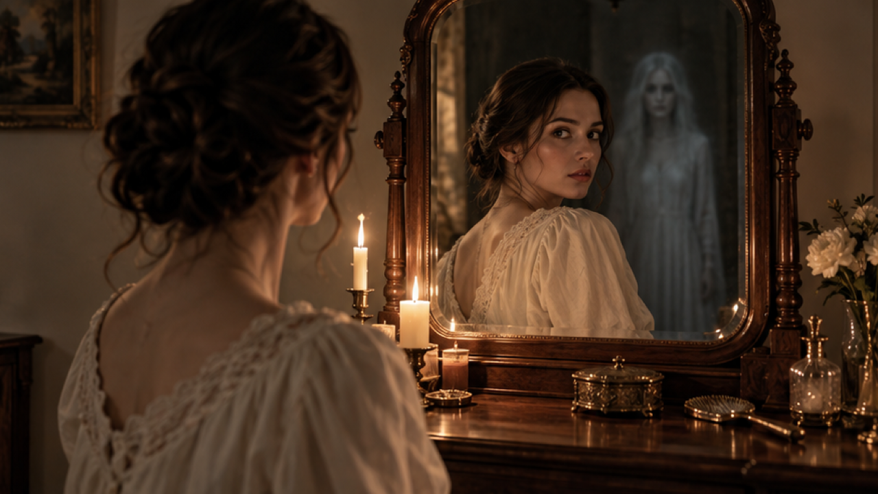Elegant candlelit walnut vanity, adult foreground three-quarter back view, a single cool apparition confined to the reflection.