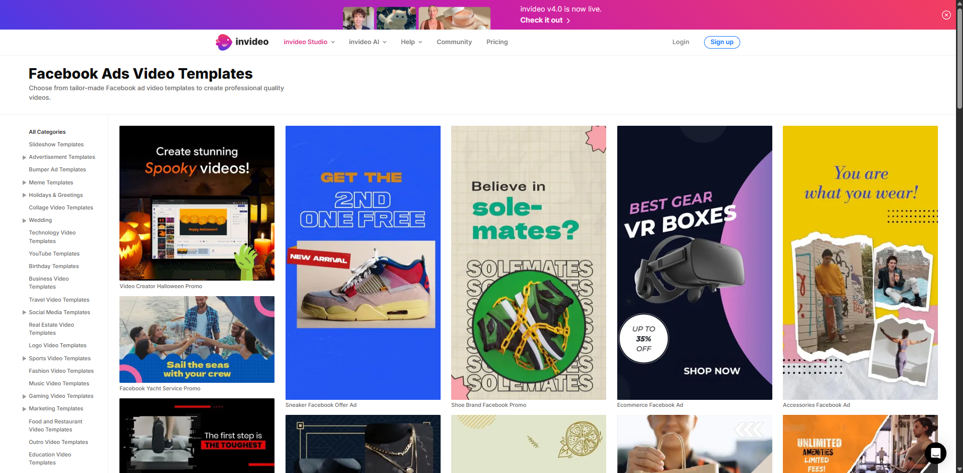 Interface of Invideo - an efficient tool to edit Facebook ad templates