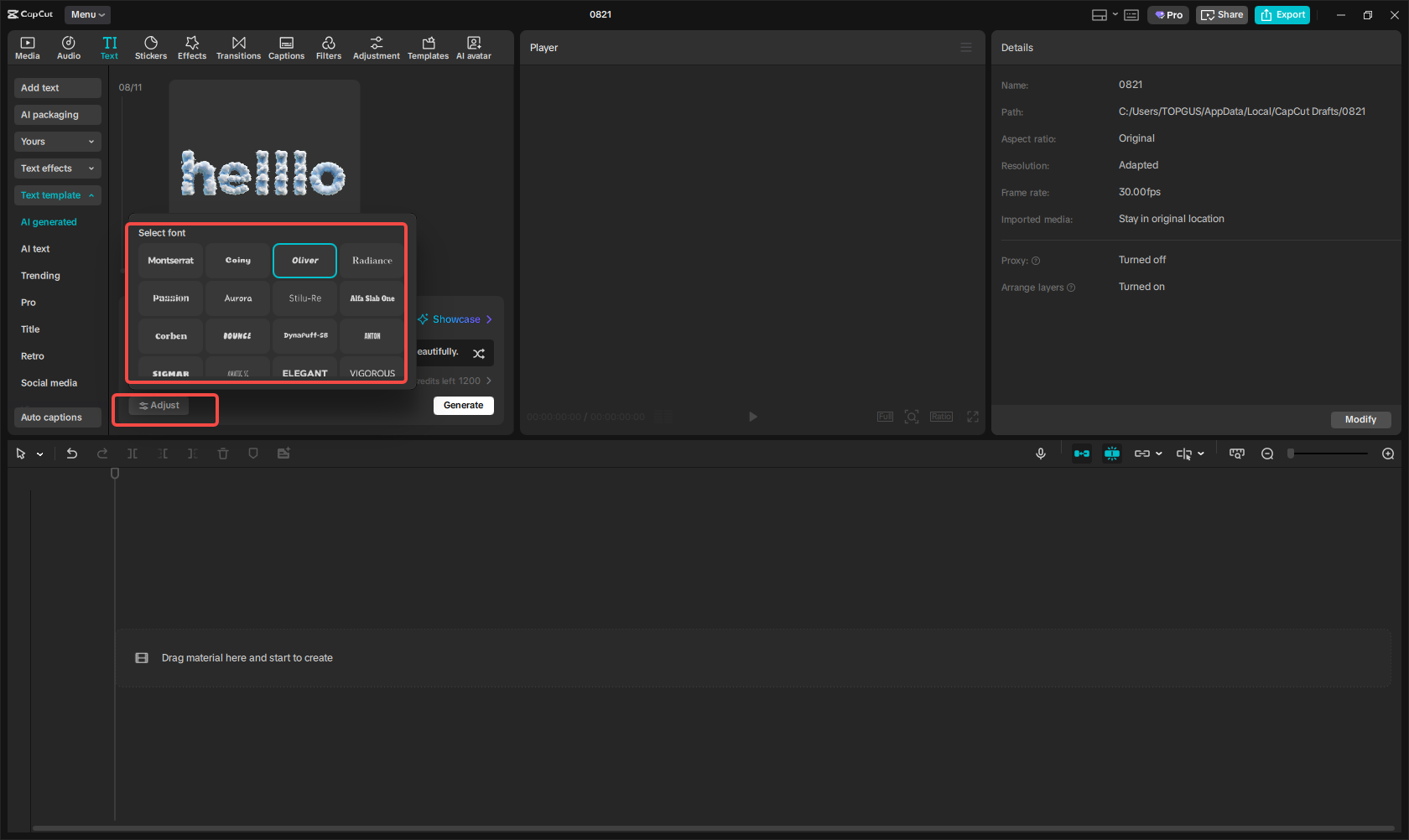 Výběr požadovaného písma v CapCut
