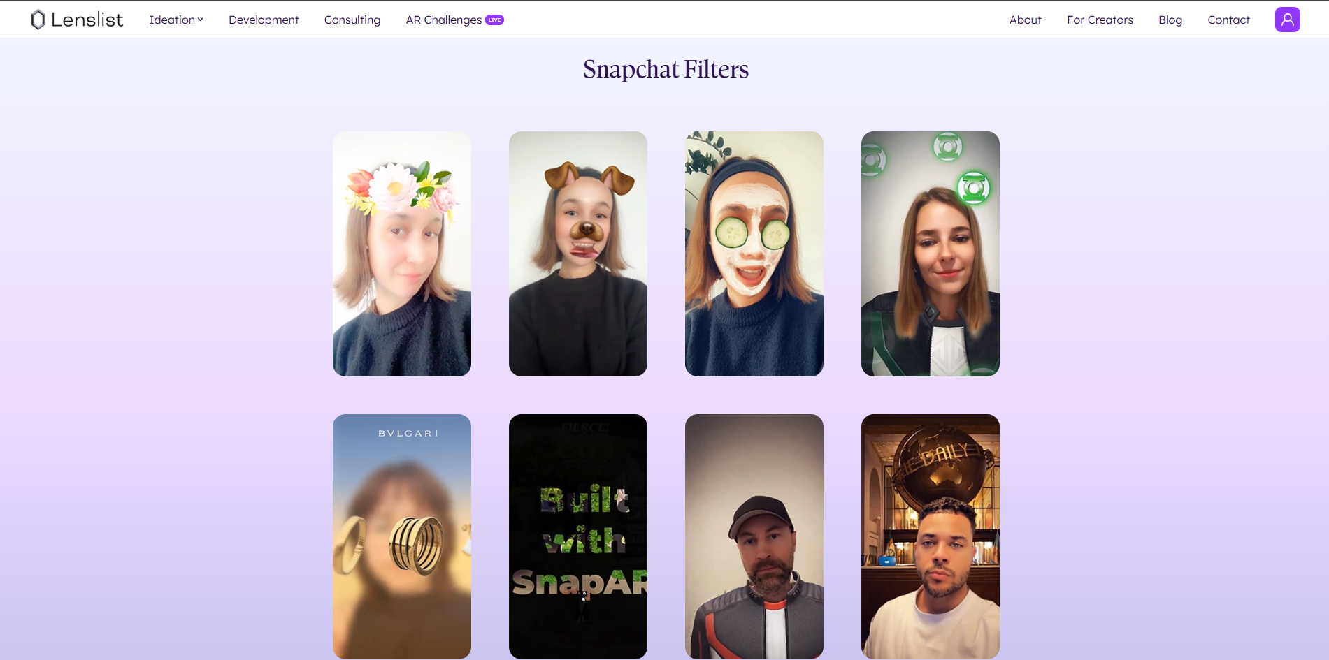 Interface of Lenslist - another way to use Snapchat camera filters online