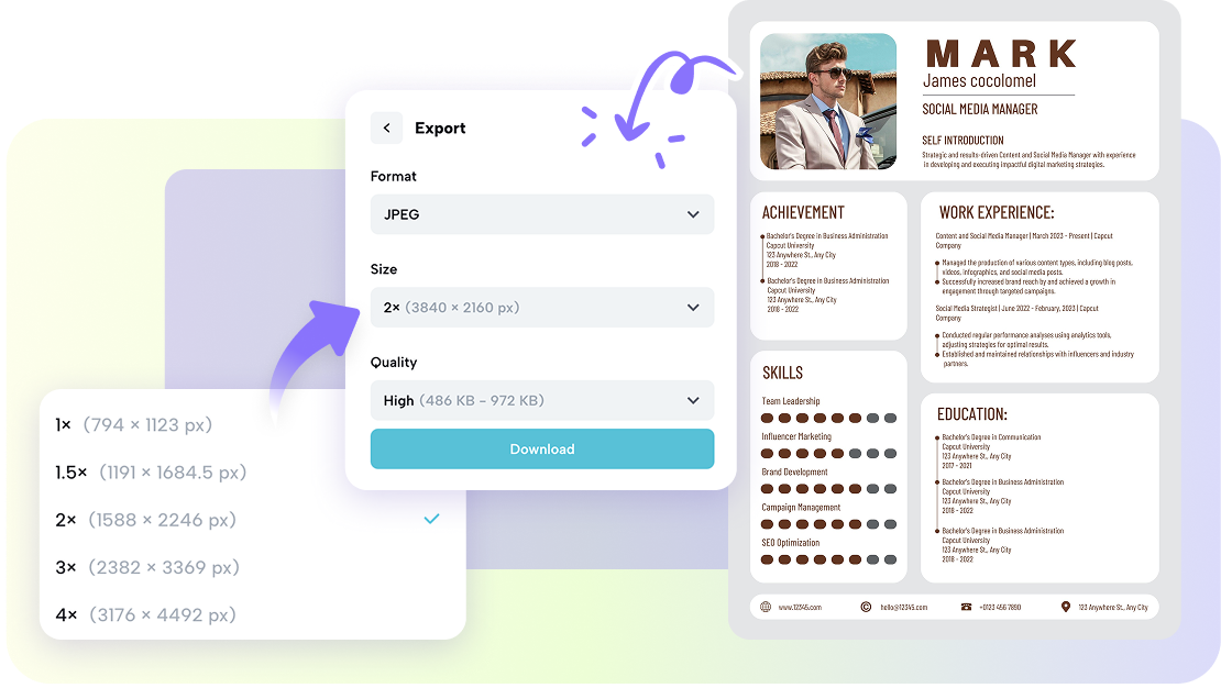 Piliin ang iyong perpektong uri ng file at resolution.