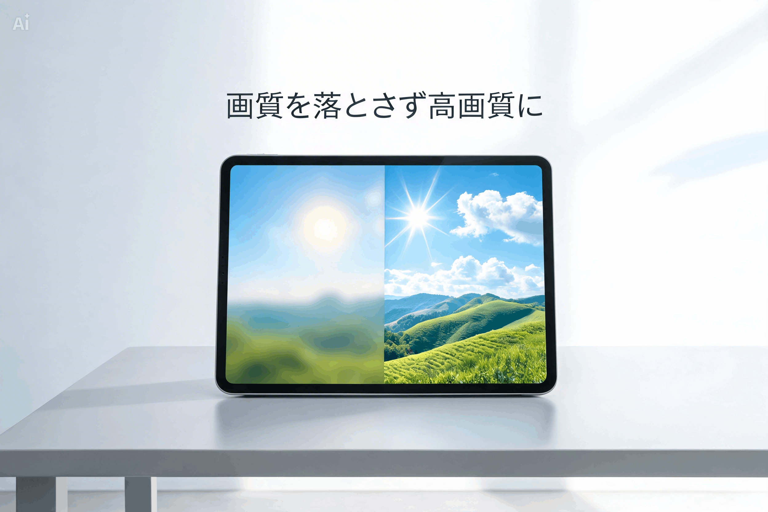 低画質の素材がクリアに整っていく流れを表現したバナー