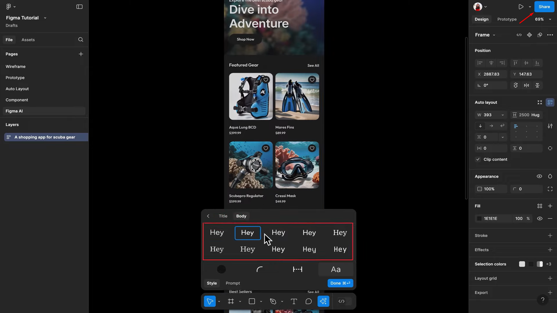 Modificare e perfezionare elementi visivi nel designer AI di Figma