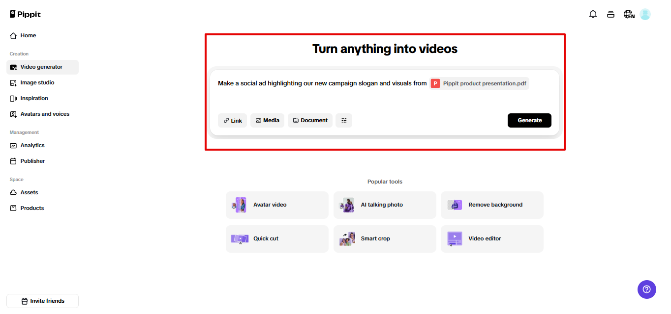 Entering text prompt for video generation in Pippit