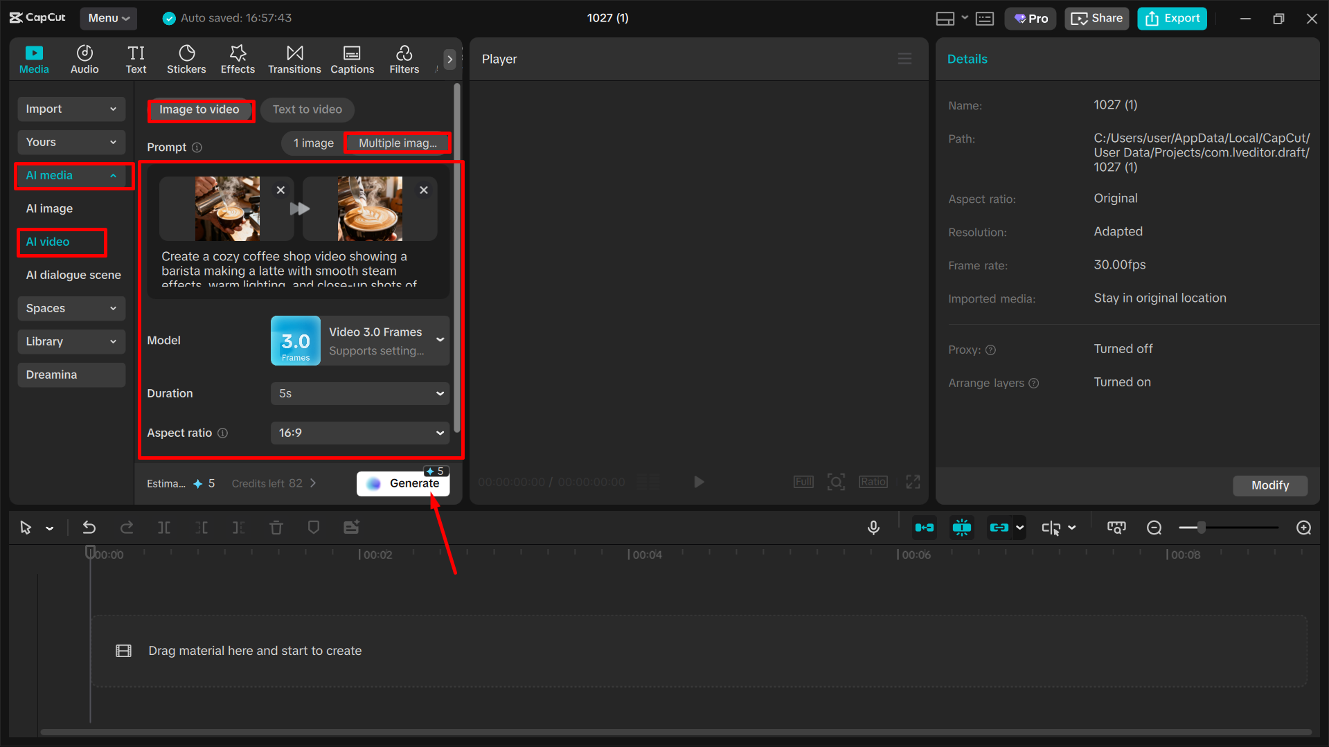 Generating video from images in the CapCut desktop video editor