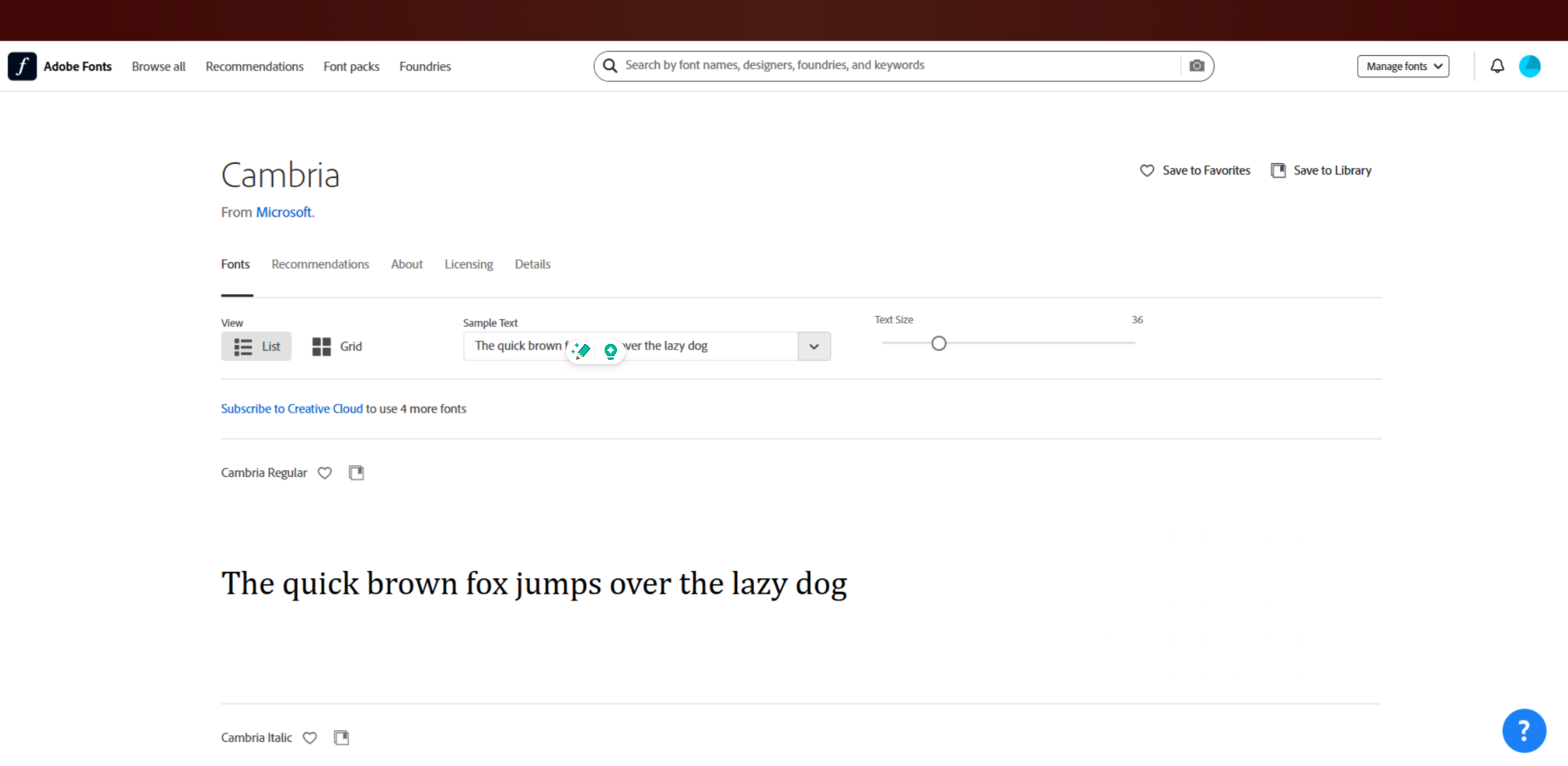 Interface of Adobe Fonts - the best site to download Cambira italic font for free