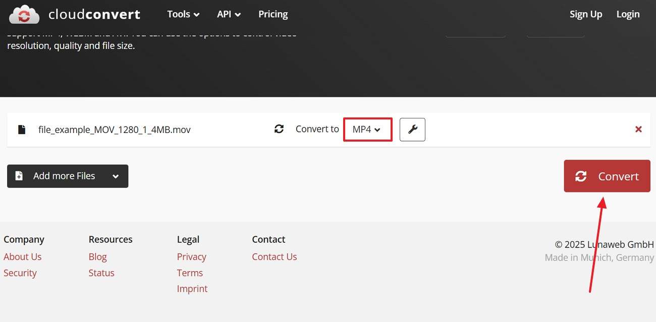Selecciona MP4 para convertir en cloudconvert.