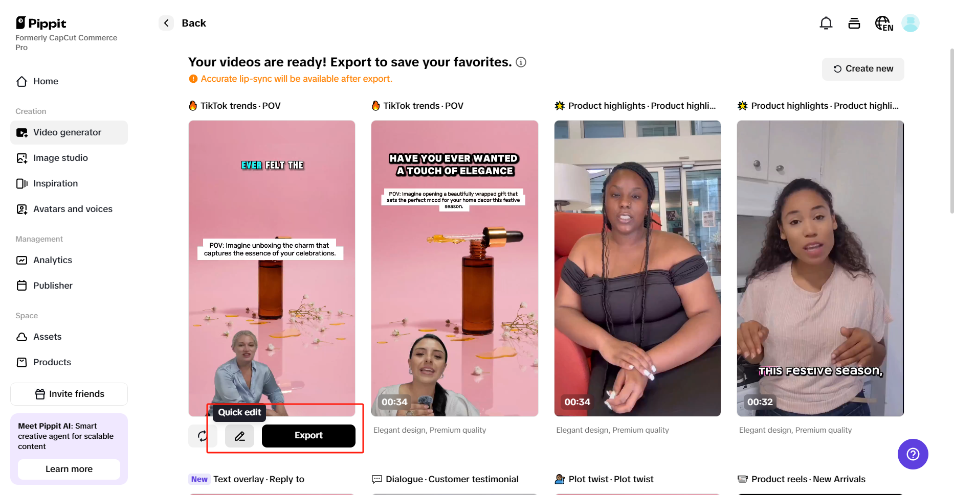 Exporting video from Pippit
