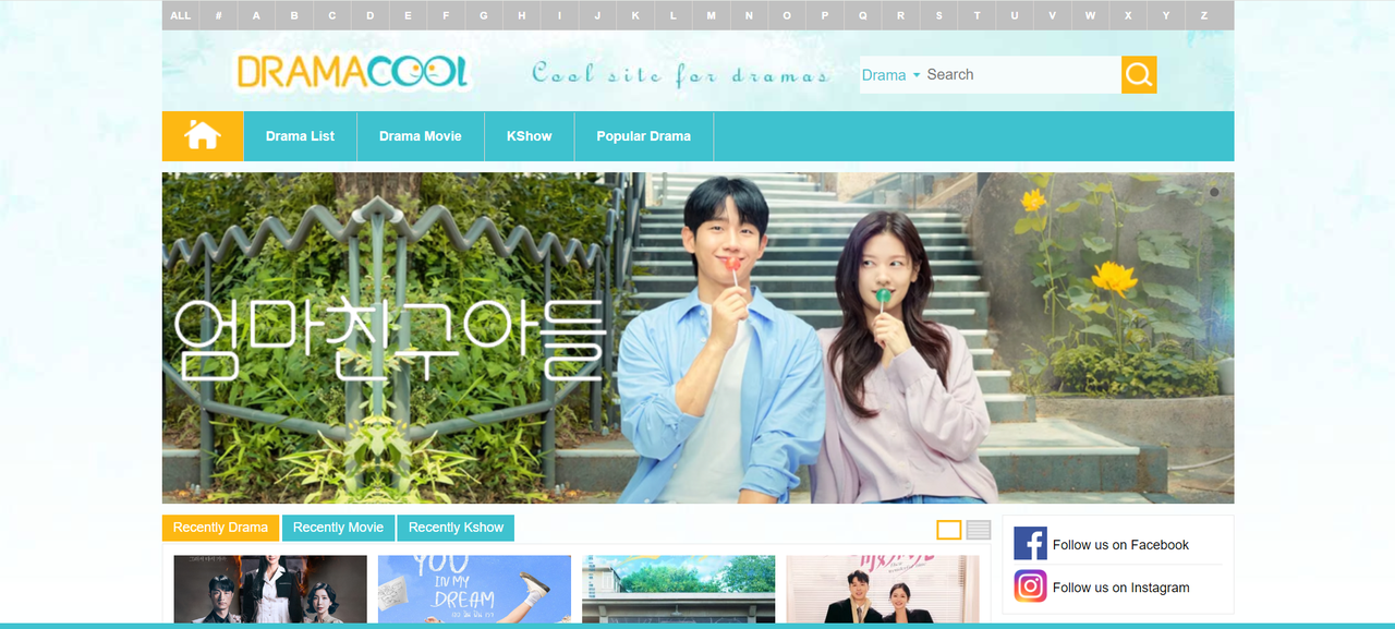 DramaCool website with a Korean drama banner, turquoise navigation bar, search box, and recent titles