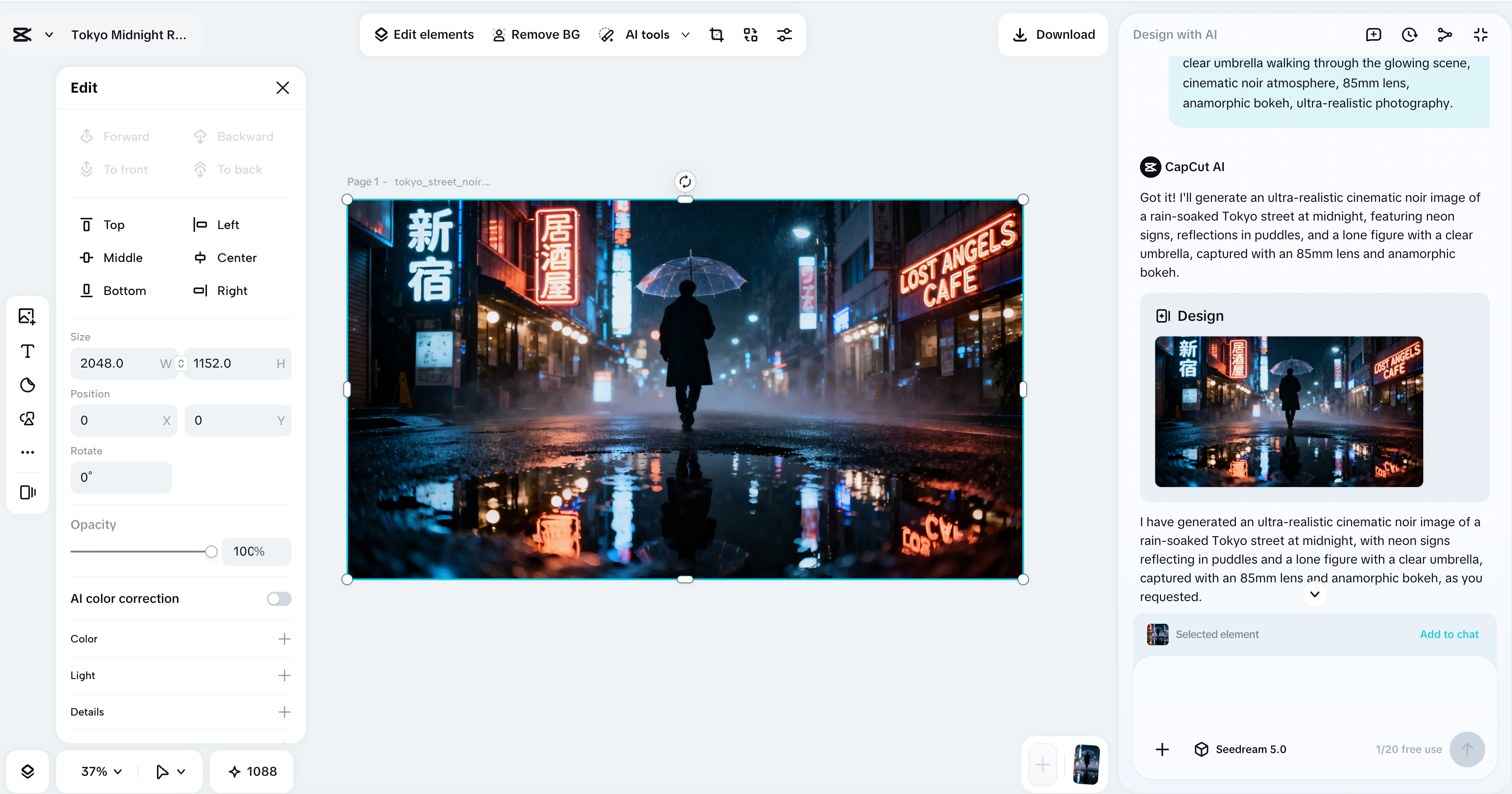 Example output — Prompt 01 in Seedream 5.0 (CapCut AI Design)