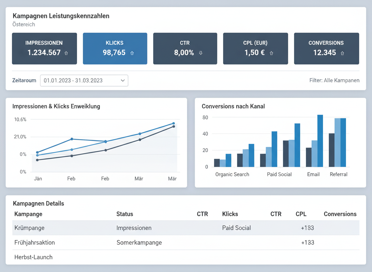 Tyskspråkig B2B-analysdashboard som visar Impressionen, Klicks, CTR, CPL, Konverteringar med diagram, filter och en blå-grå företagsdesign, österrikisk lokal inställning.