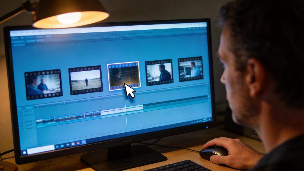 Man editing video clips on a desktop monitor with a mouse