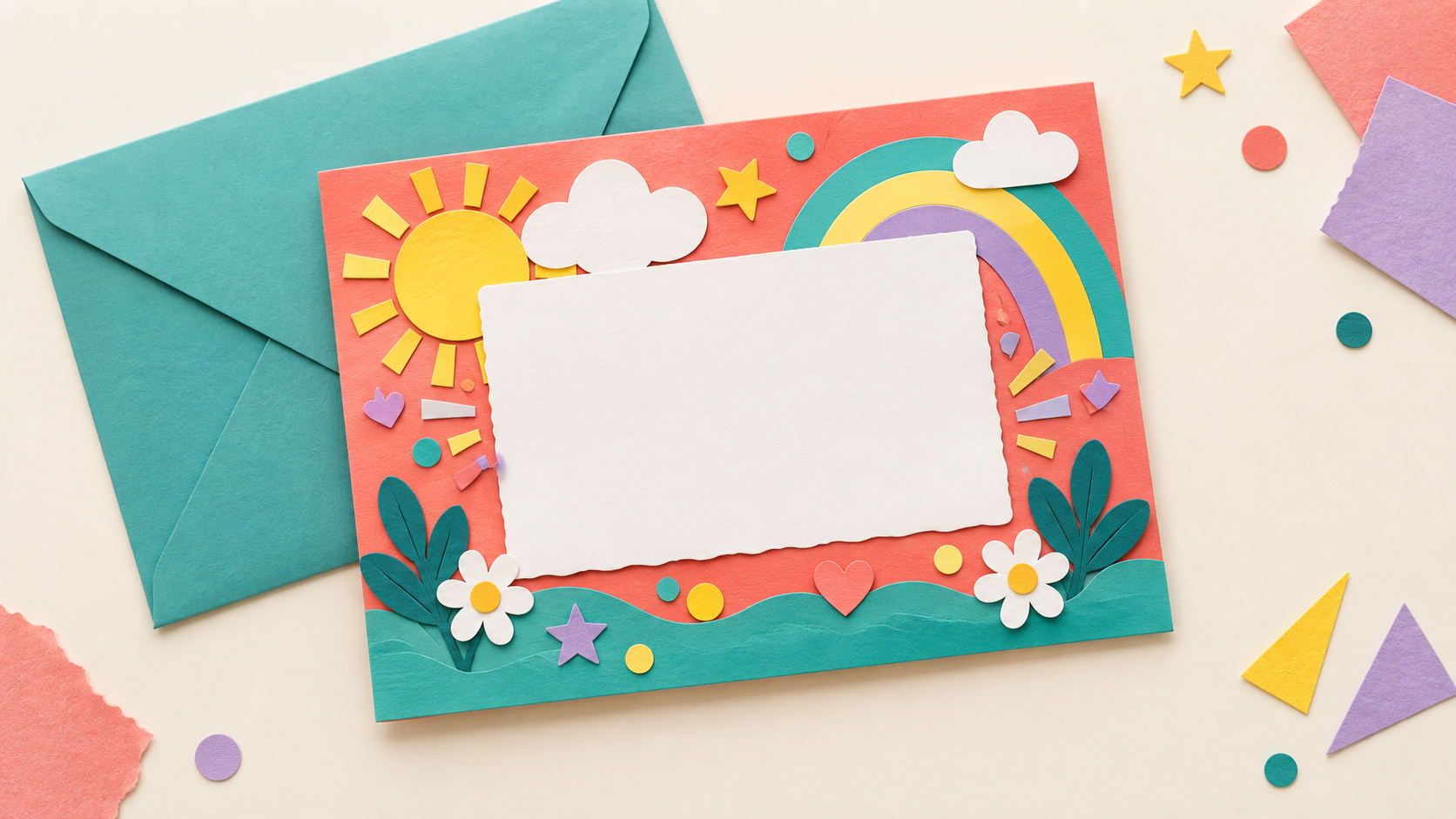 greeting card template: Playful Paper-Cut Celebration Card