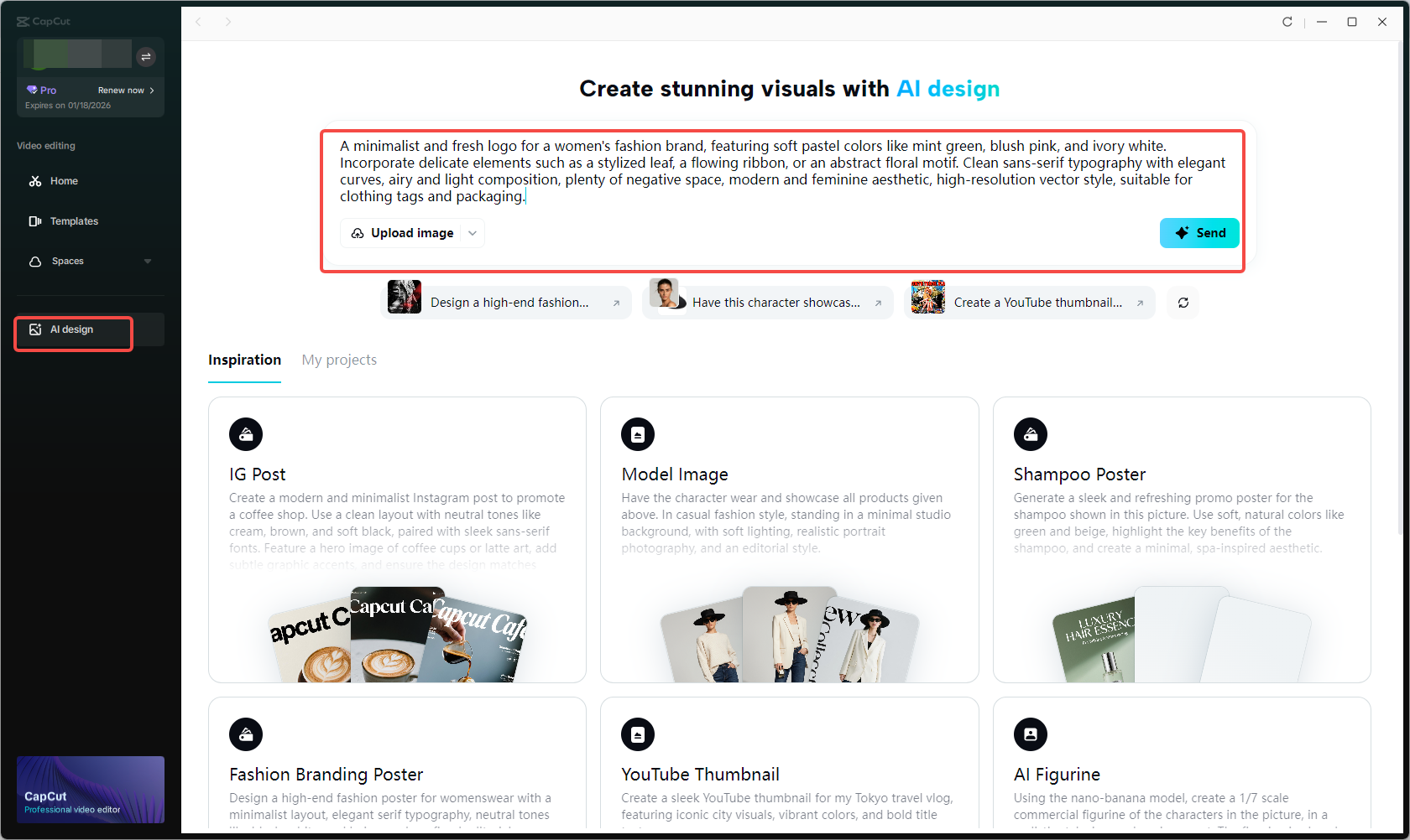 Accessing the AI design feature and writing your logo design prompt in CapCut