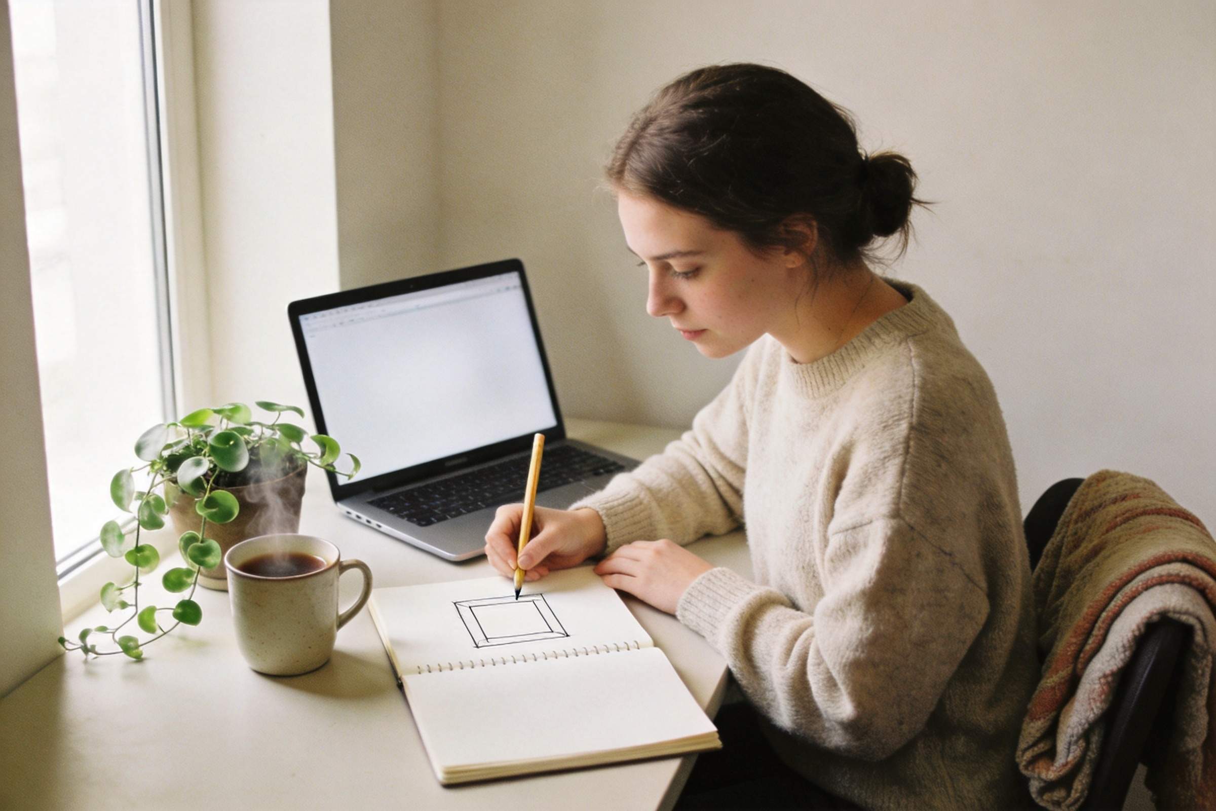 Woman sketching a storyboard at a desk beside a laptop, coffee mug, and plant
