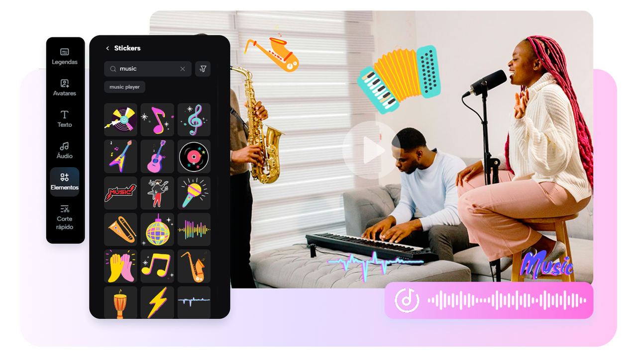Adesivos musicais impressionantes para visuais únicos com o visualizador de música para pc com IA