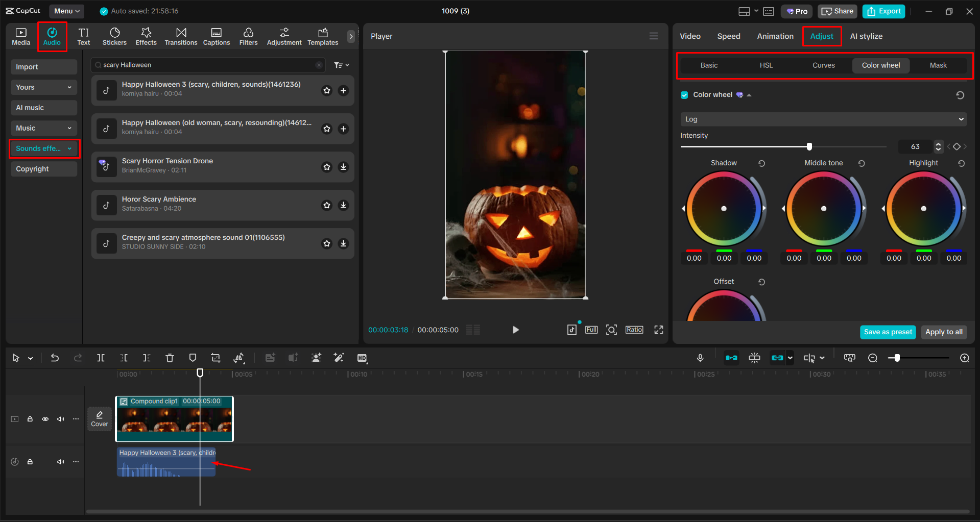 Adding a Halloween sound effect to a video with the CapCut desktop video editor
