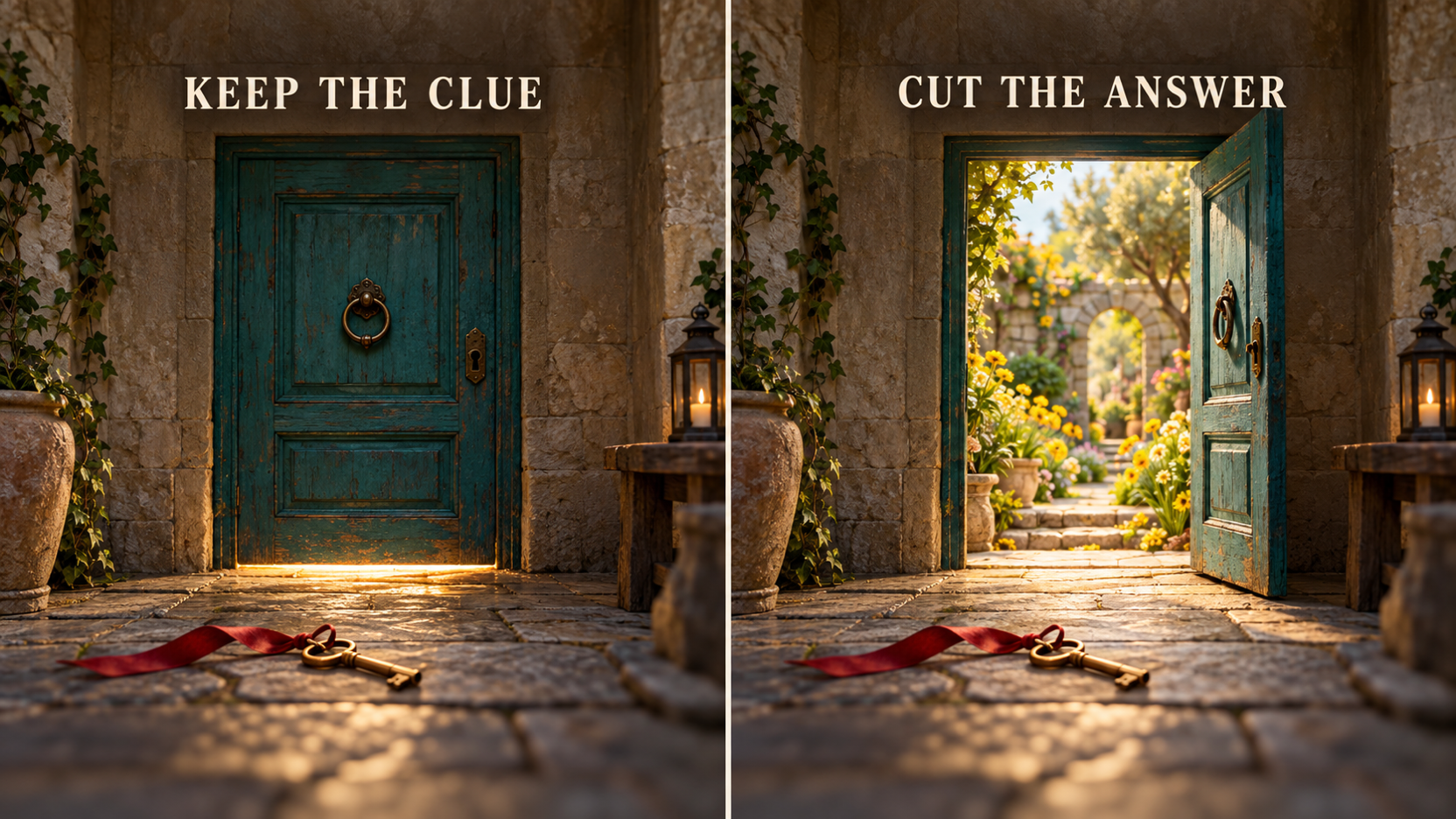 Original illustrated comparison of a closed door marked Keep the Clue and an open garden door marked Cut the Answer