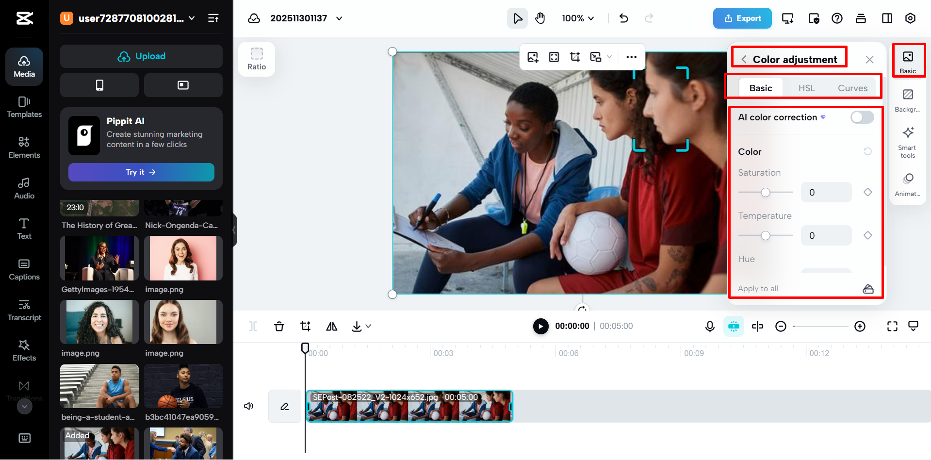 Adjusting the color setting in the CapCut online video editor