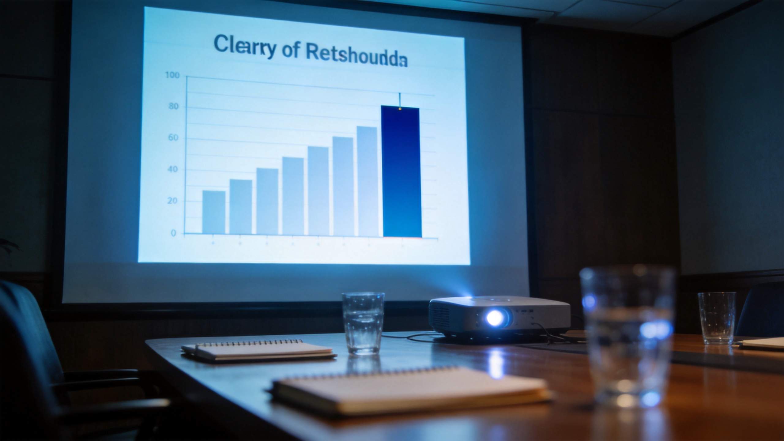 Projected bar chart on a meeting room screen beside notebooks and water glasses