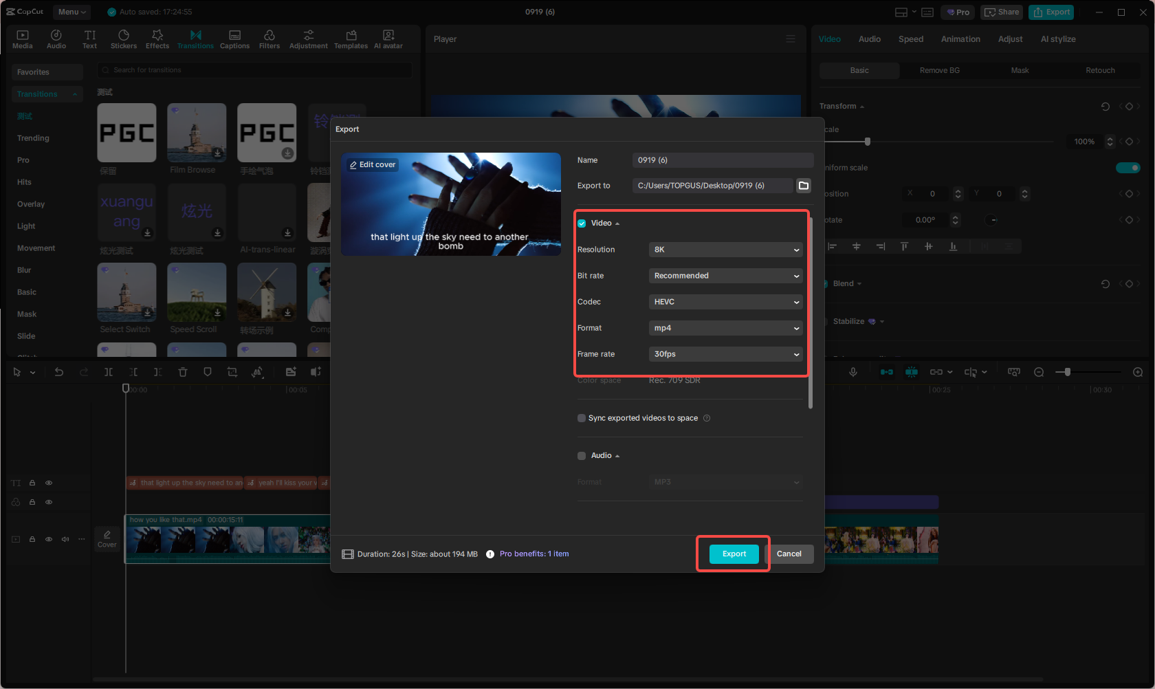 Exportieren und speichern Sie das Video