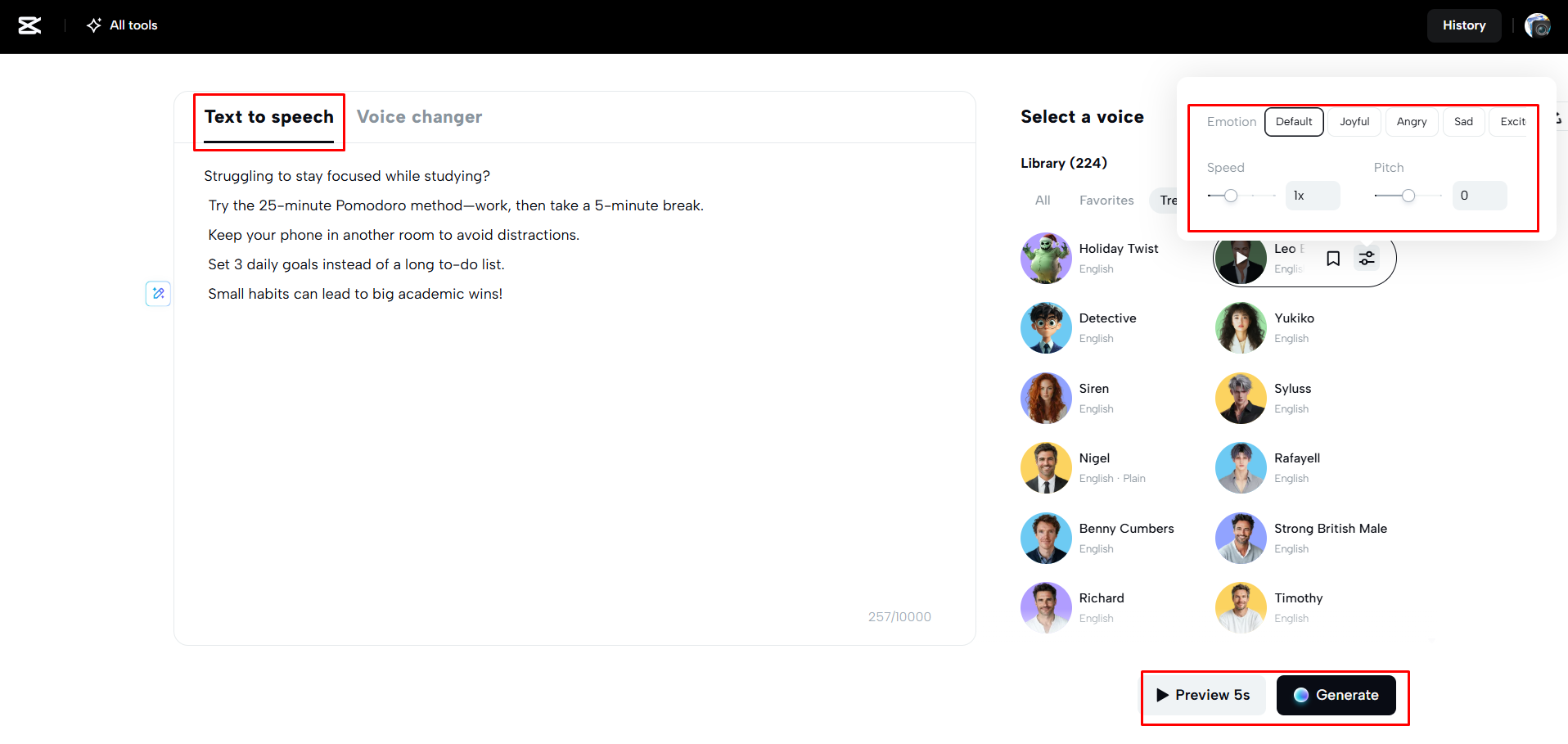 Generating audio from text in CapCut Web