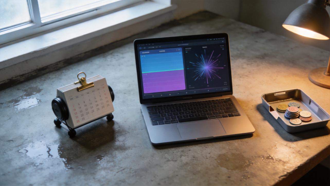 Laptop on a desk beside a calendar and tray of coins under a desk lamp