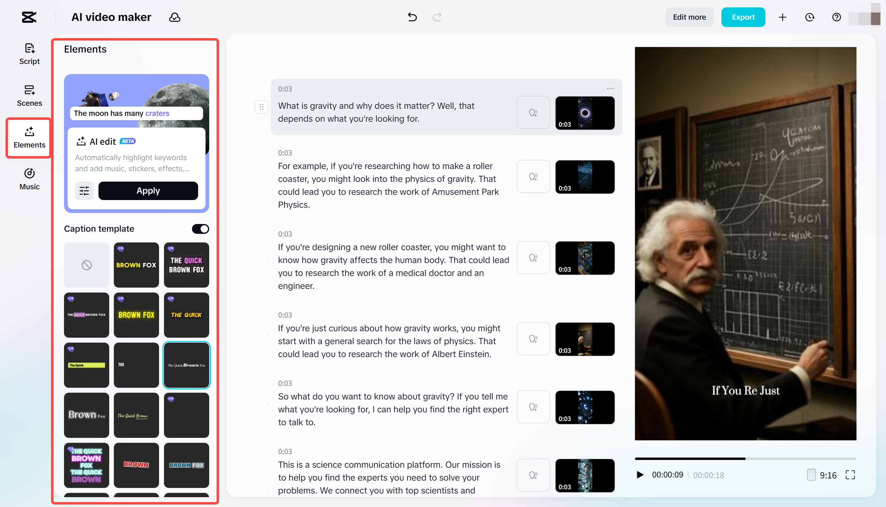 Adding the caption template to the video in the CapCut Web