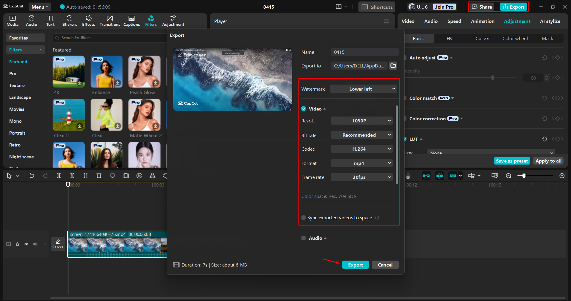 Exporting a video from the CapCut desktop video editor